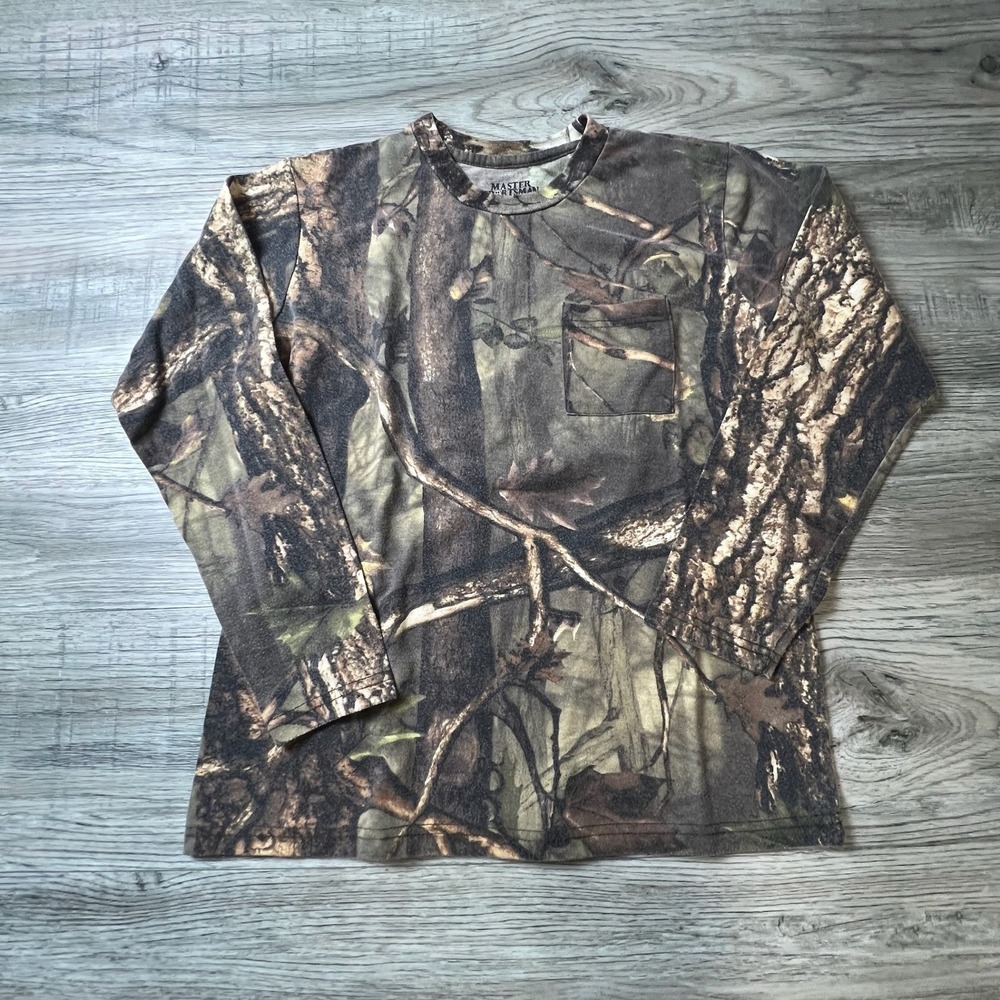 Master Sportsman Camo Shirt kids XL Brown Long Sleeve Pocket Hunting T-Shirt W45